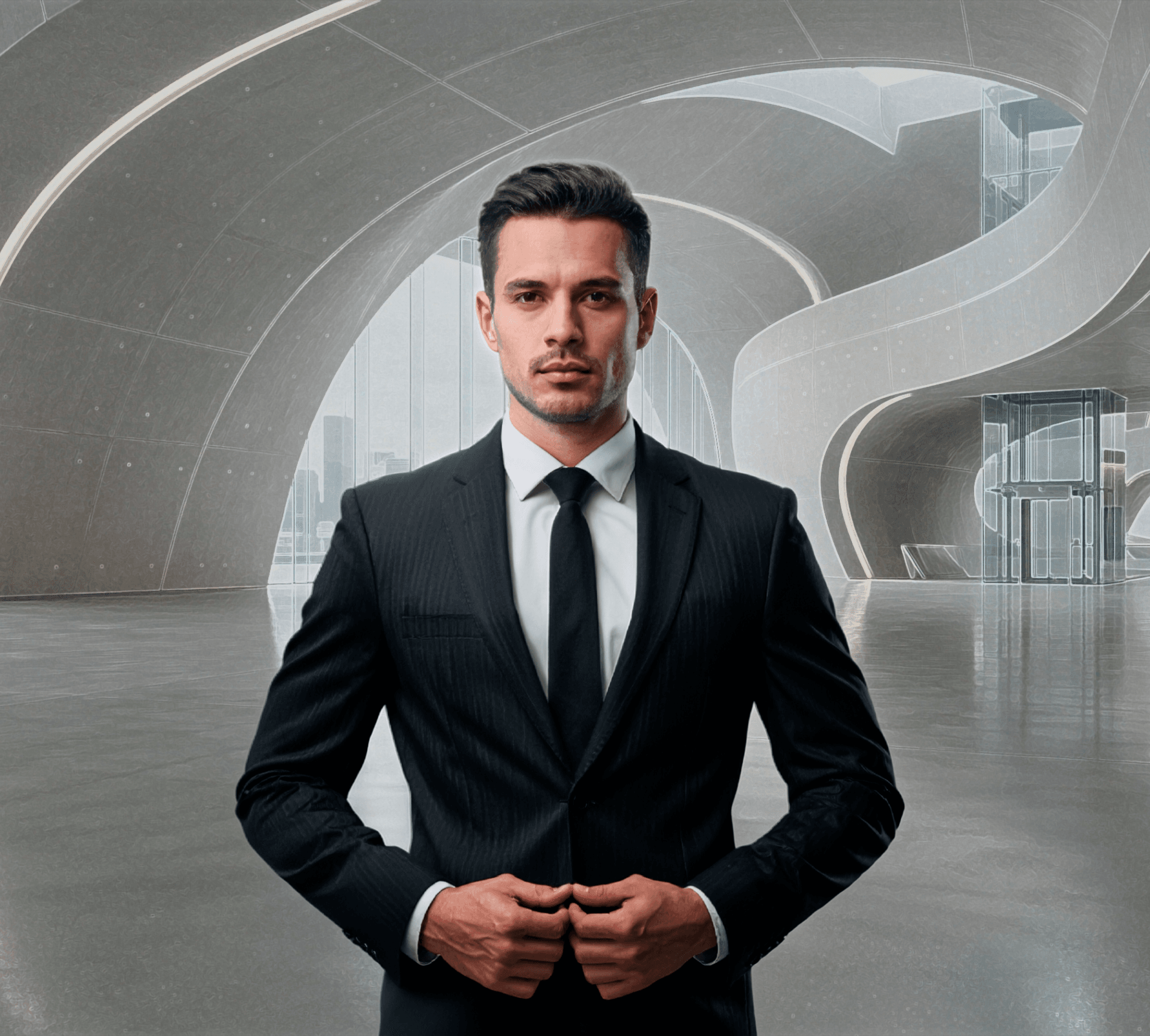 Firefly_Segurança, homem , confiante, vestido de terno, imagem ultra realista, com fundo infi 882247